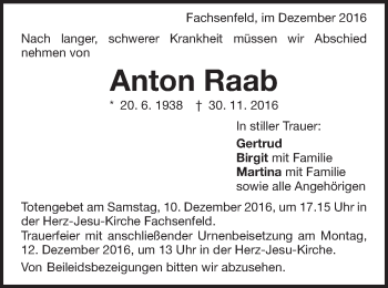 Traueranzeige von Anton Raab von Schwäbische Post