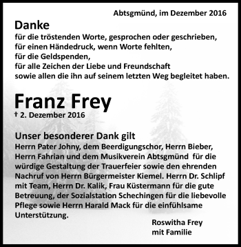 Traueranzeige von Franz Frey von Schwäbische Post