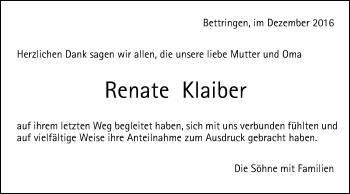 Traueranzeige von Renate Klaiber von Gmünder Tagespost