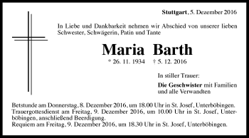 Traueranzeige von Maria Barth von Gmünder Tagespost