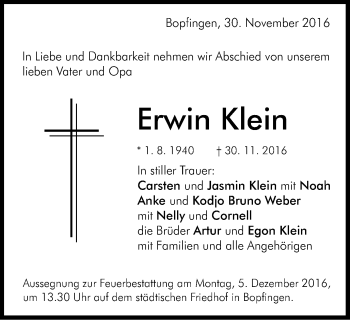 Traueranzeige von Erwin Klein von Schwäbische Post