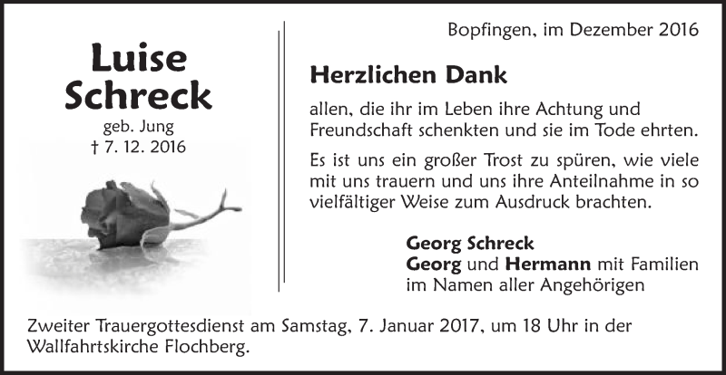  Traueranzeige für Luise Schreck vom 23.12.2016 aus Bopfinger Stadtanzeiger