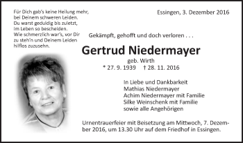 Traueranzeige von Gertrud Niedermayer von Schwäbische Post