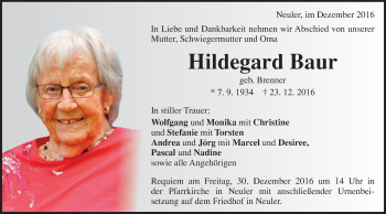 Traueranzeige von Hildegard Baur von Schwäbische Post
