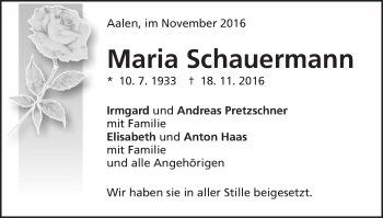 Traueranzeige von Maria Schauermann von Schwäbische Post