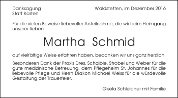 Traueranzeige von Martha Schmid von Gmünder Tagespost