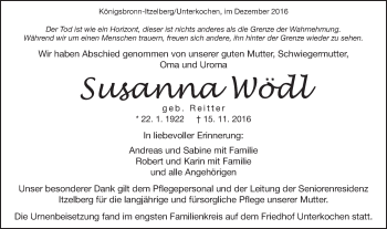 Traueranzeige von Susanna  Wödl von Schwäbische Post