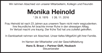 Traueranzeige von Monika Heinold von Gmünder Tagespost