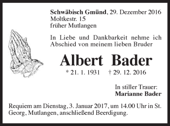 Traueranzeige von Albert Bader von Gmünder Tagespost