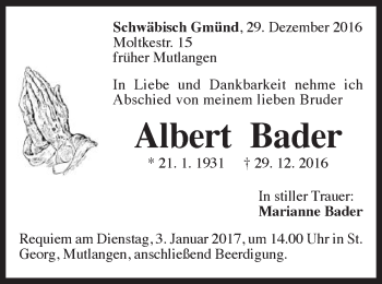 Traueranzeige von Albert Bader