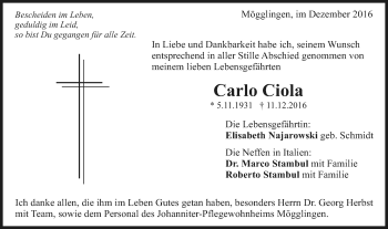 Traueranzeige von Carlo Ciola von Gmünder Tagespost