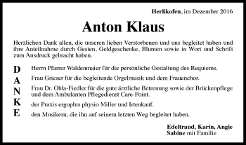 Traueranzeige von Anton Klaus von Gmünder Tagespost