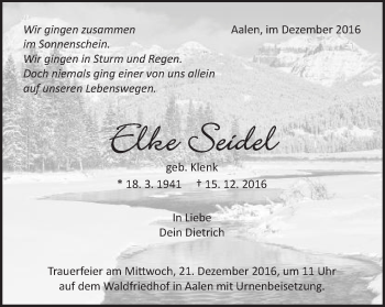 Traueranzeige von Elke Seidel von Schwäbische Post