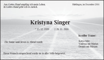 Traueranzeige von Kristyna Singer von Schwäbische Post