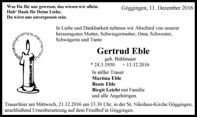  Traueranzeige für Gertrud Eble vom 17.12.2016 aus Gmünder Tagespost