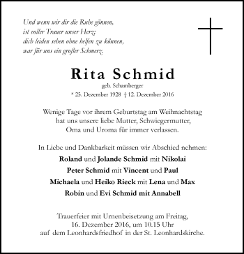 Traueranzeige von Rita Schmid von Gmünder Tagespost