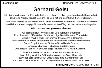 Traueranzeige von Gerhard Geist von Gmünder Tagespost