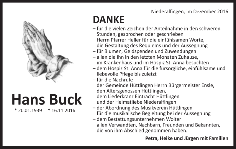  Traueranzeige für Hans Buck vom 10.12.2016 aus Schwäbische Post