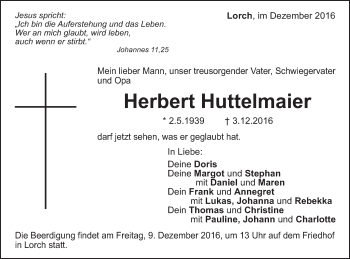 Traueranzeige von Herbert Huttelmaier von Gmünder Tagespost