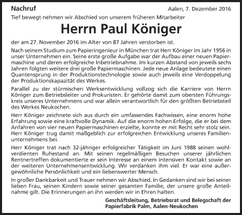 Traueranzeige von Paul Königer von Schwäbische Post