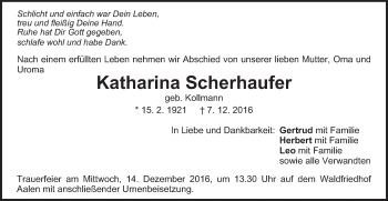 Traueranzeige von Katharina Scherhaufer von Schwäbische Post