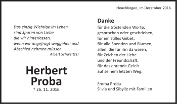 Traueranzeige von Herbert Proba von Gmünder Tagespost