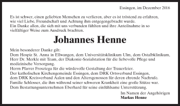 Traueranzeige von Johannes Henne von Schwäbische Post