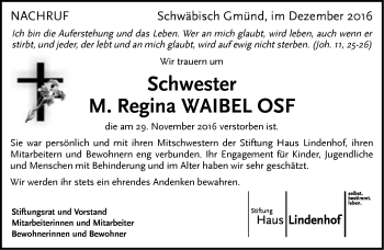Traueranzeige von Regina Waibel von Gmünder Tagespost