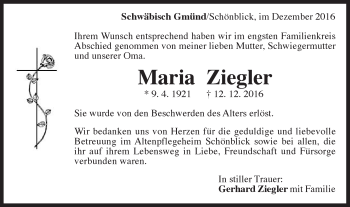 Traueranzeige von Maria Ziegler von Gmünder Tagespost
