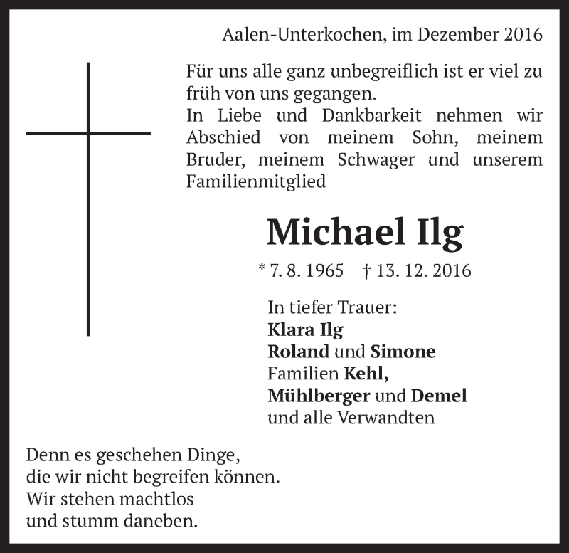  Traueranzeige für Michael Ilg vom 17.12.2016 aus Schwäbische Post