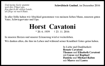 Traueranzeige von Horst Cavatoni von Gmünder Tagespost
