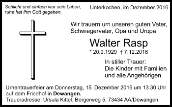 Traueranzeige von Walter Rasp von Schwäbische Post