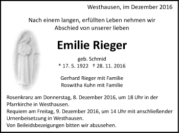 Traueranzeige von Emilie Rieger von Schwäbische Post