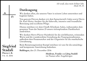 Traueranzeige von Siegfried Stadali von Schwäbische Post