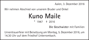 Traueranzeige von Kuno Maile von Schwäbische Post