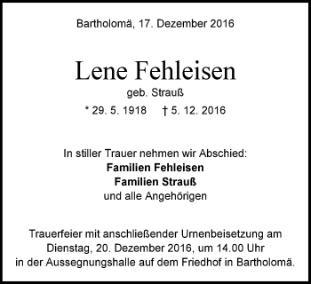 Traueranzeige von Lene Fehleisen von Gmünder Tagespost