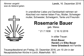 Traueranzeige von Rosemarie Bauer von Gmünder Tagespost