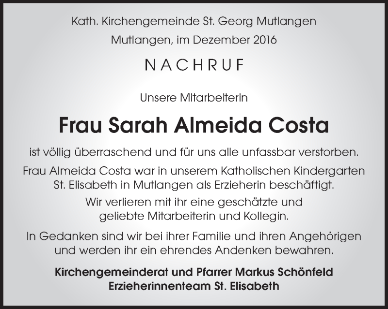  Traueranzeige für Sarah Almeida Costa vom 29.12.2016 aus Gmünder Tagespost
