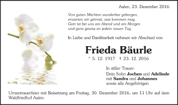 Traueranzeige von Frieda Bäurle von Schwäbische Post