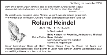 Traueranzeige von Roland Heindel von Bopfinger Stadtanzeiger