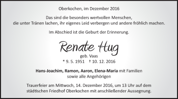 Traueranzeige von Renate Hug von Schwäbische Post