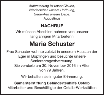 Traueranzeige von Maria Schuster von Schwäbische Post