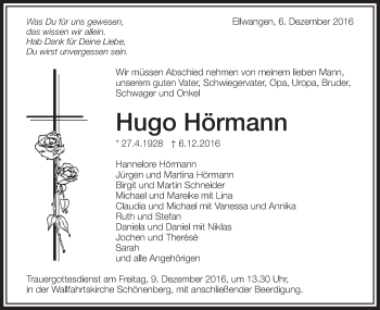 Traueranzeige von Hugo Hörmann von Schwäbische Post
