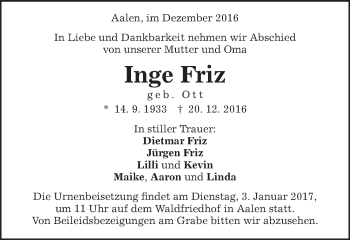 Traueranzeige von Inge Friz von Schwäbische Post