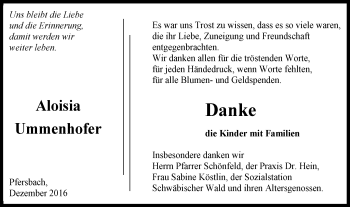 Traueranzeige von Aloisia Ummenhofer  von Gmünder Tagespost
