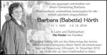 Traueranzeige von Barbara  Hörth von Schwäbische Post