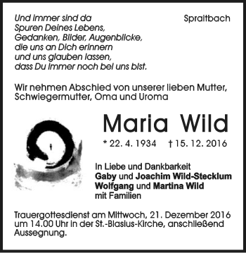 Traueranzeige von Maria Wild von Gmünder Tagespost