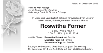 Traueranzeige von Roswitha Forner von Schwäbische Post