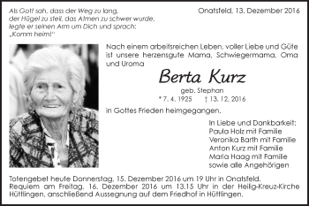 Traueranzeige von Berta Kurz von Schwäbische Post