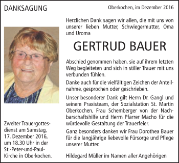 Traueranzeige von Gertrud Bauer von Amtsblatt_Oko